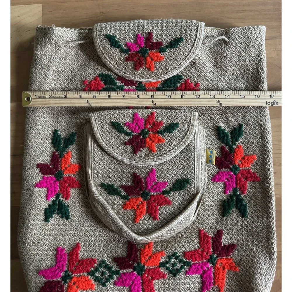 Boho Jute Crochet Embroidered Floral Backpack Hippie Festival Folk Art Rucksack